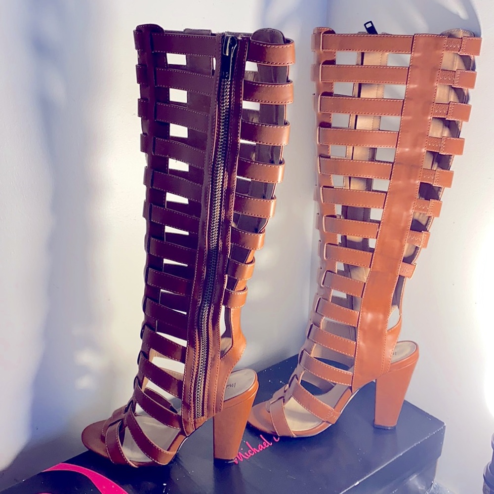 Kiniko cognac uptown knees gladiator sandals.